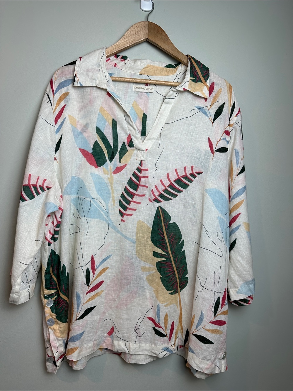 Cynthia Rowley Linen 100% Multi-Color Tropical Leaf Collared Tunic tropical